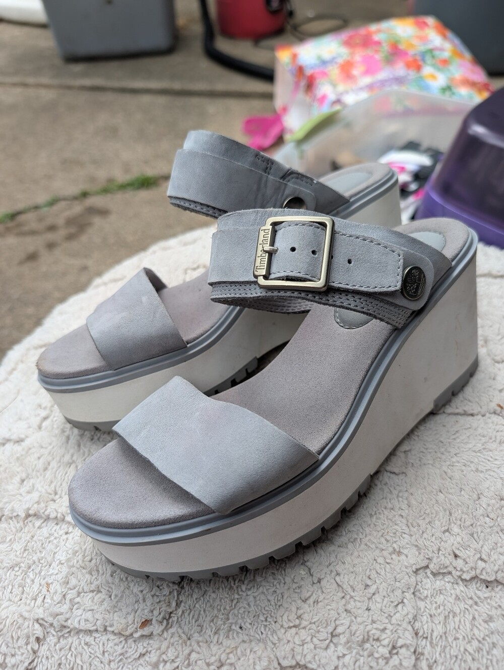 Timberland Gray Suede Platform Wedge Sandals with Buckle Size 7